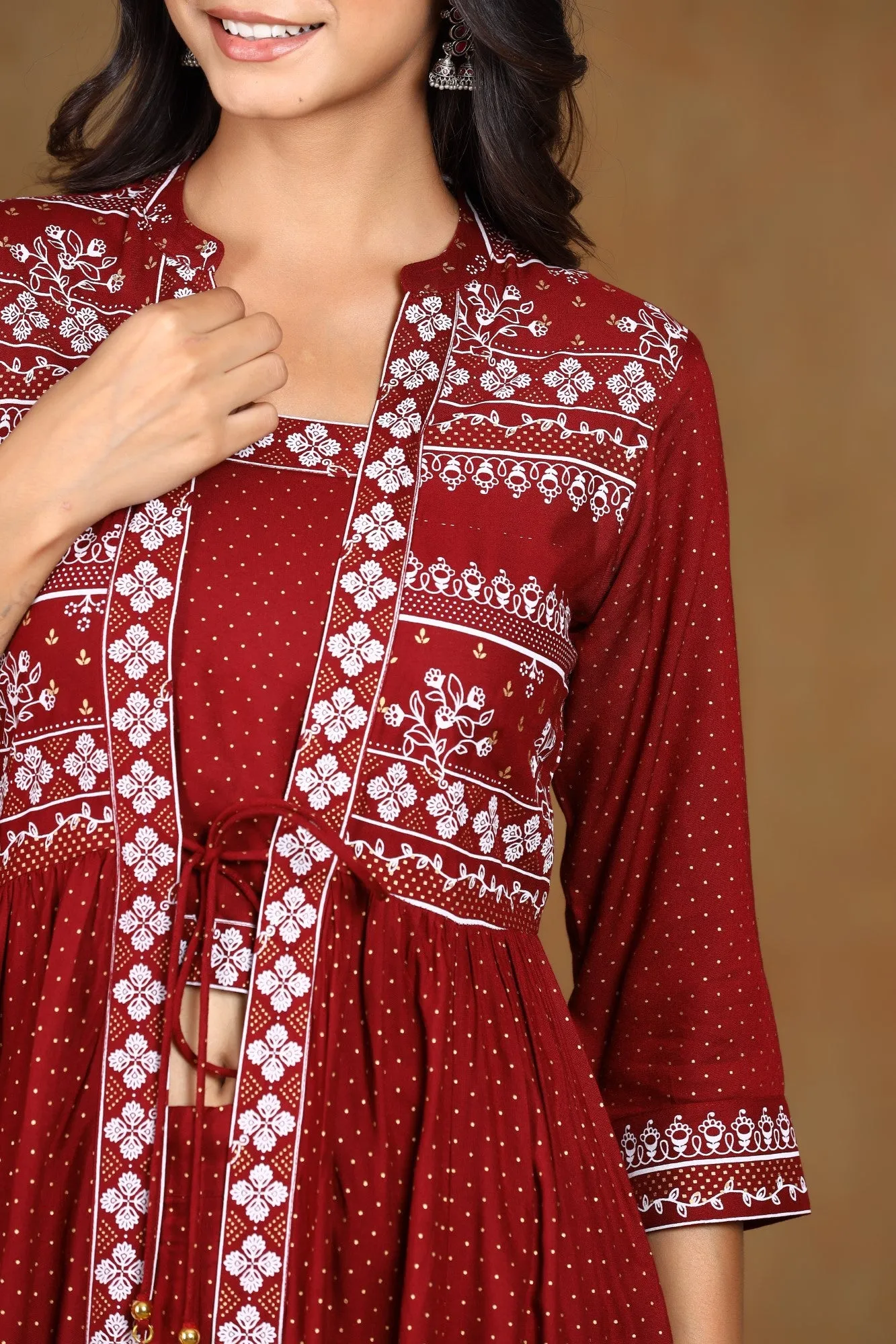 Juniper Maroon Ethnic Motif Printed Rayon Jacket Style Kurta & Pants Set.