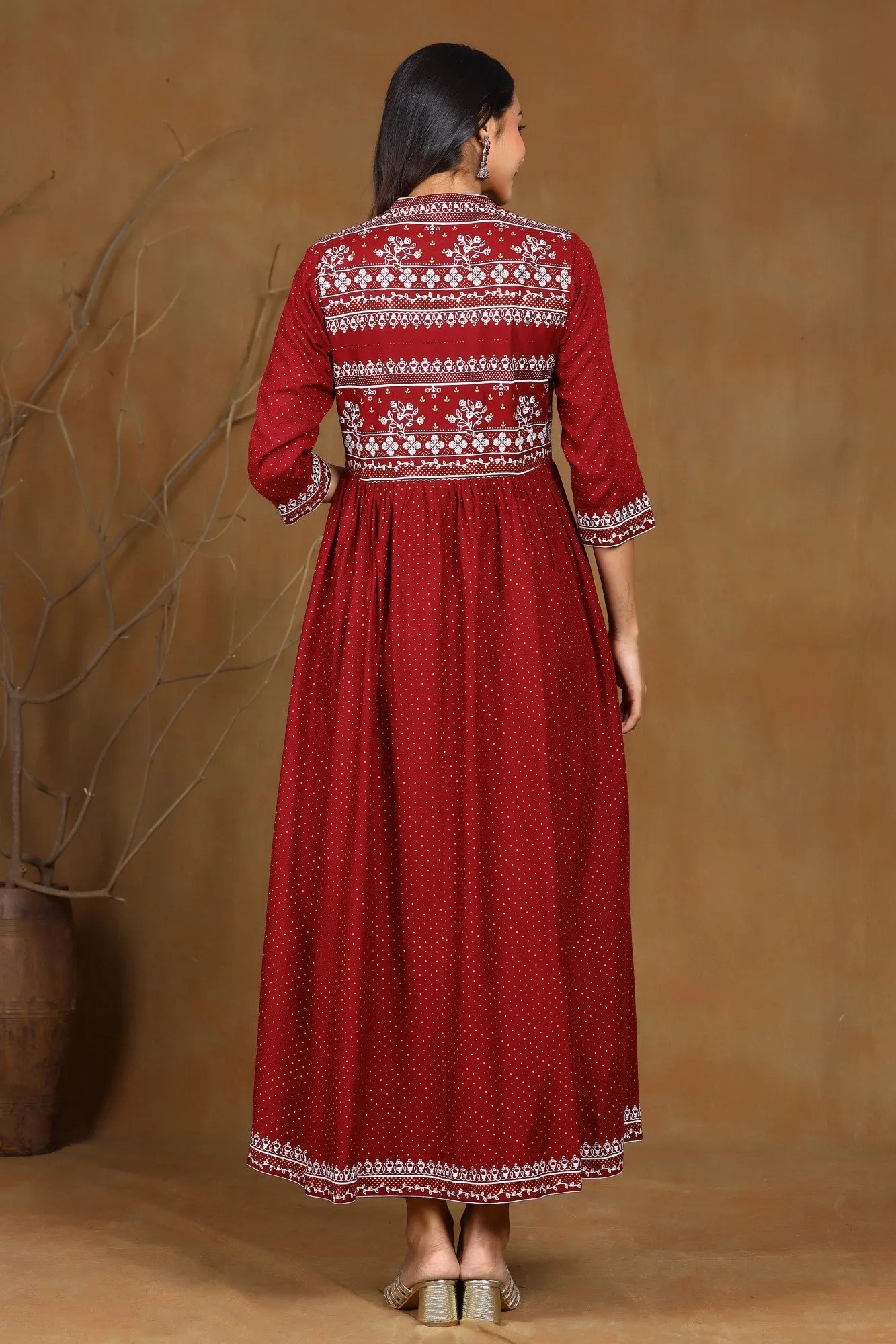 Juniper Maroon Ethnic Motif Printed Rayon Jacket Style Kurta & Pants Set.