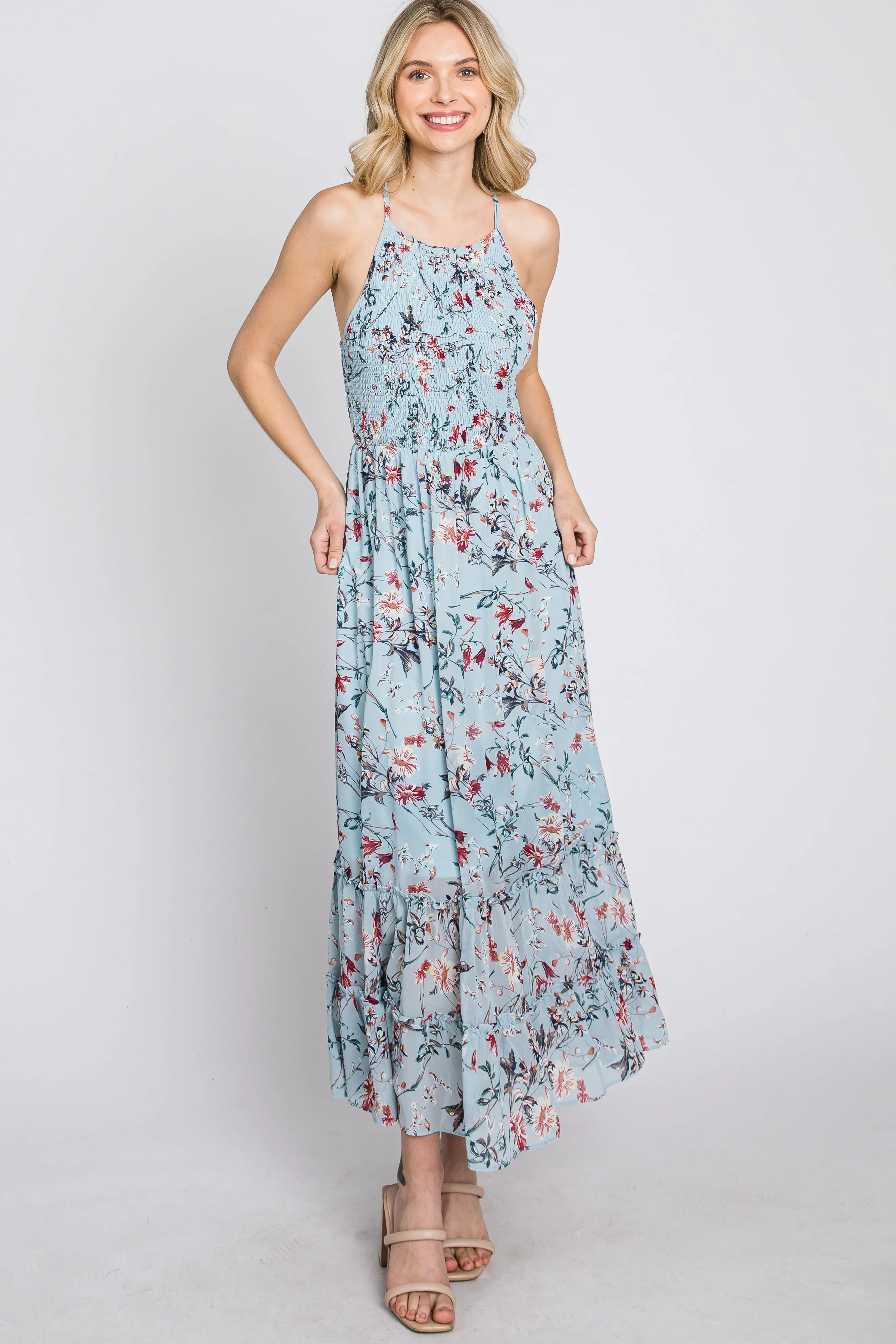 Light Blue Floral Chiffon Smocked Midi Dress