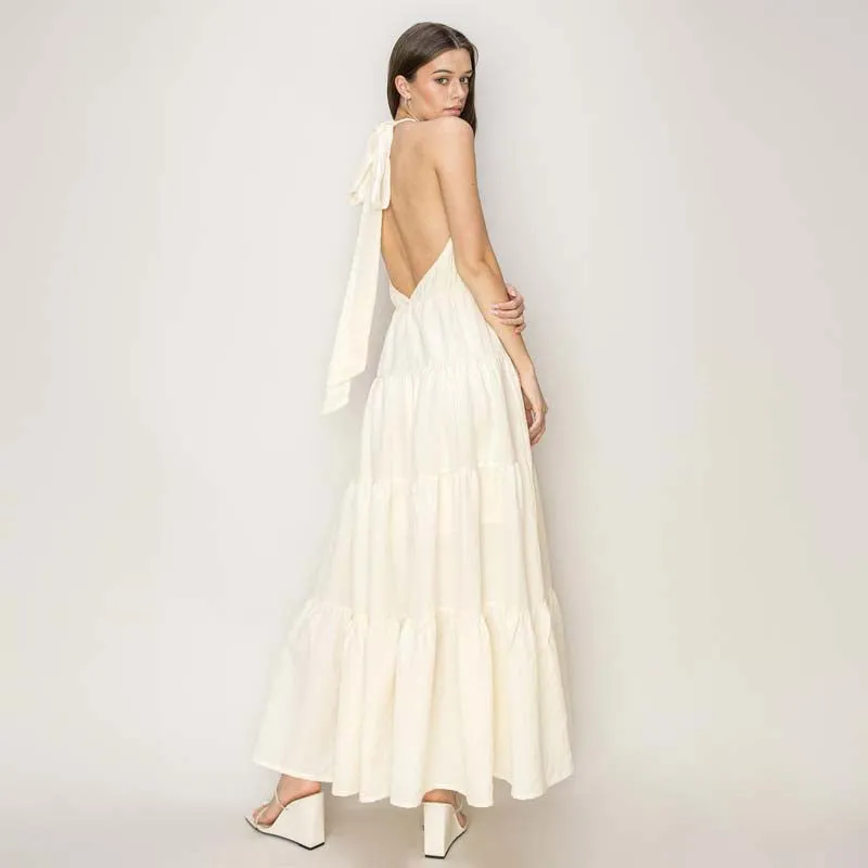 Long Tie Neck White Maxi Dress