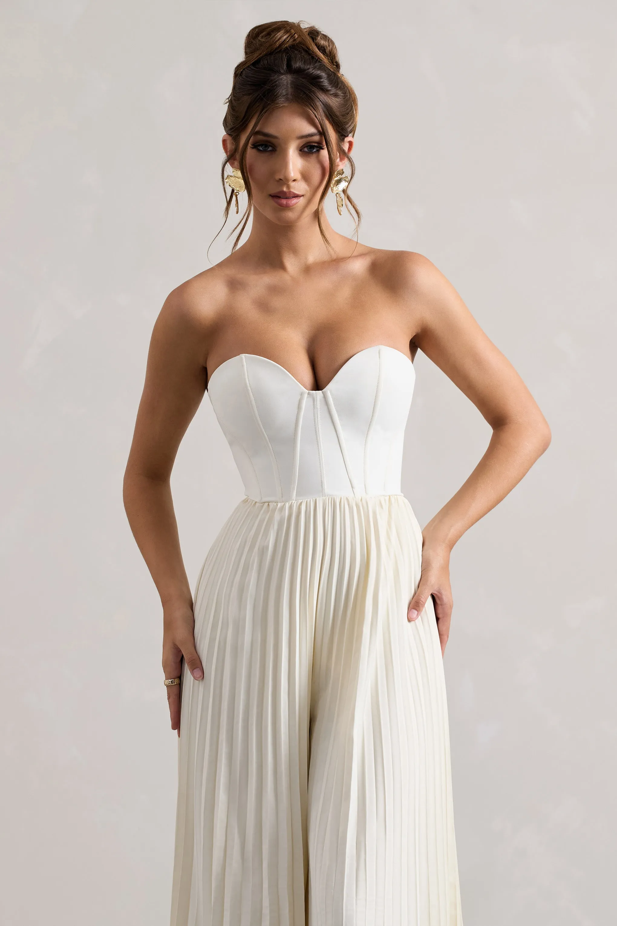 Lorelai | Cream Corset Plisse Wide-Leg Jumpsuit