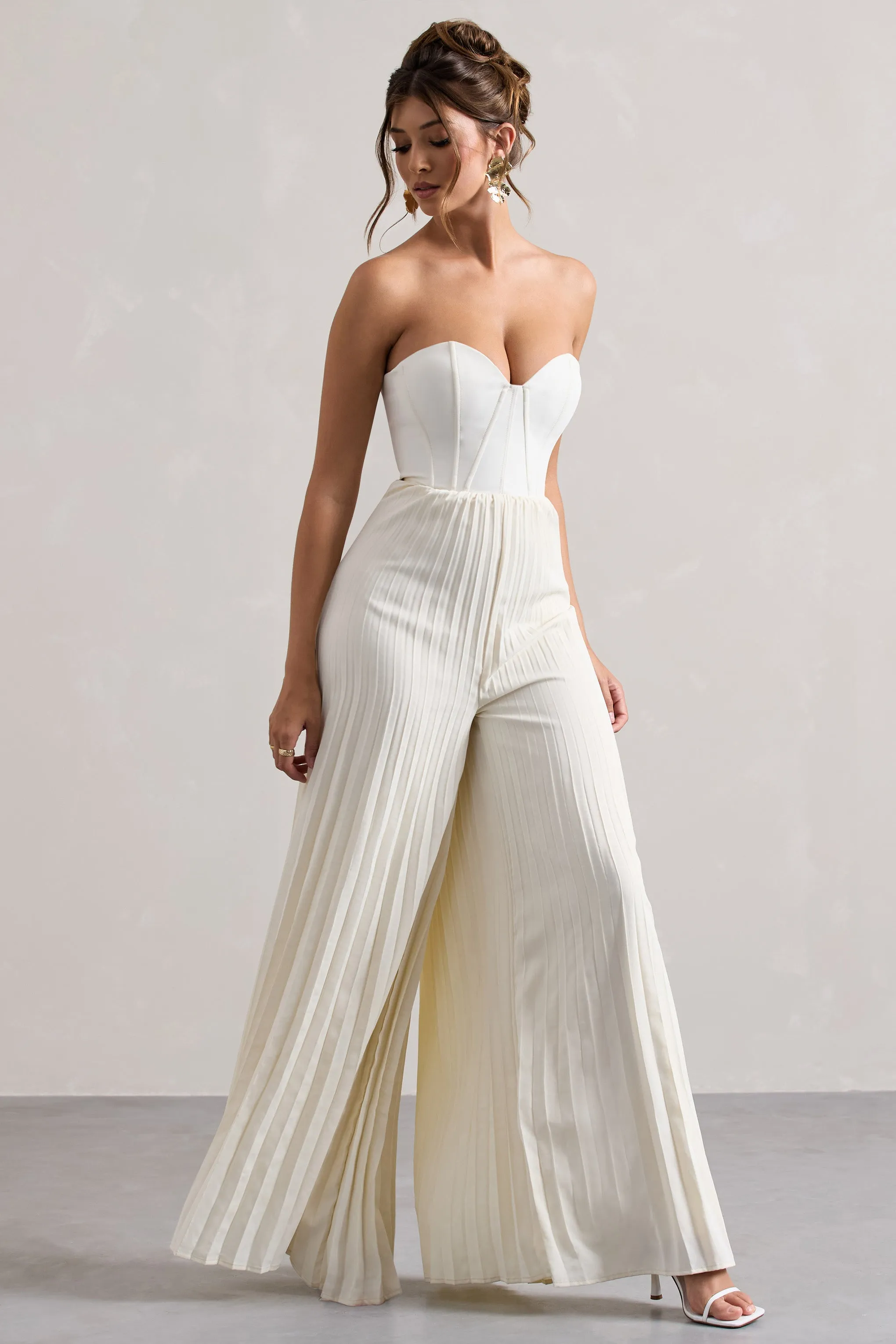 Lorelai | Cream Corset Plisse Wide-Leg Jumpsuit