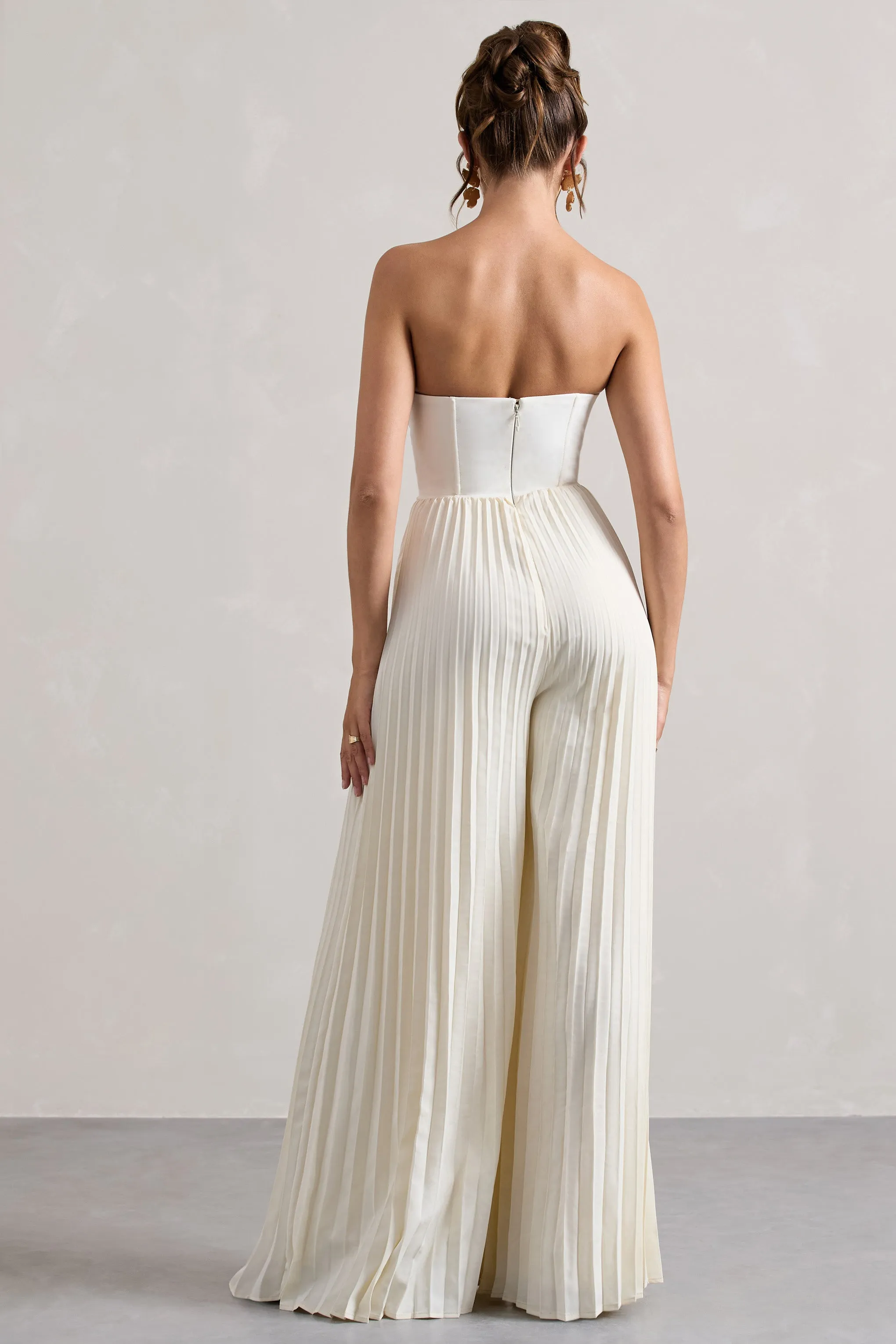 Lorelai | Cream Corset Plisse Wide-Leg Jumpsuit