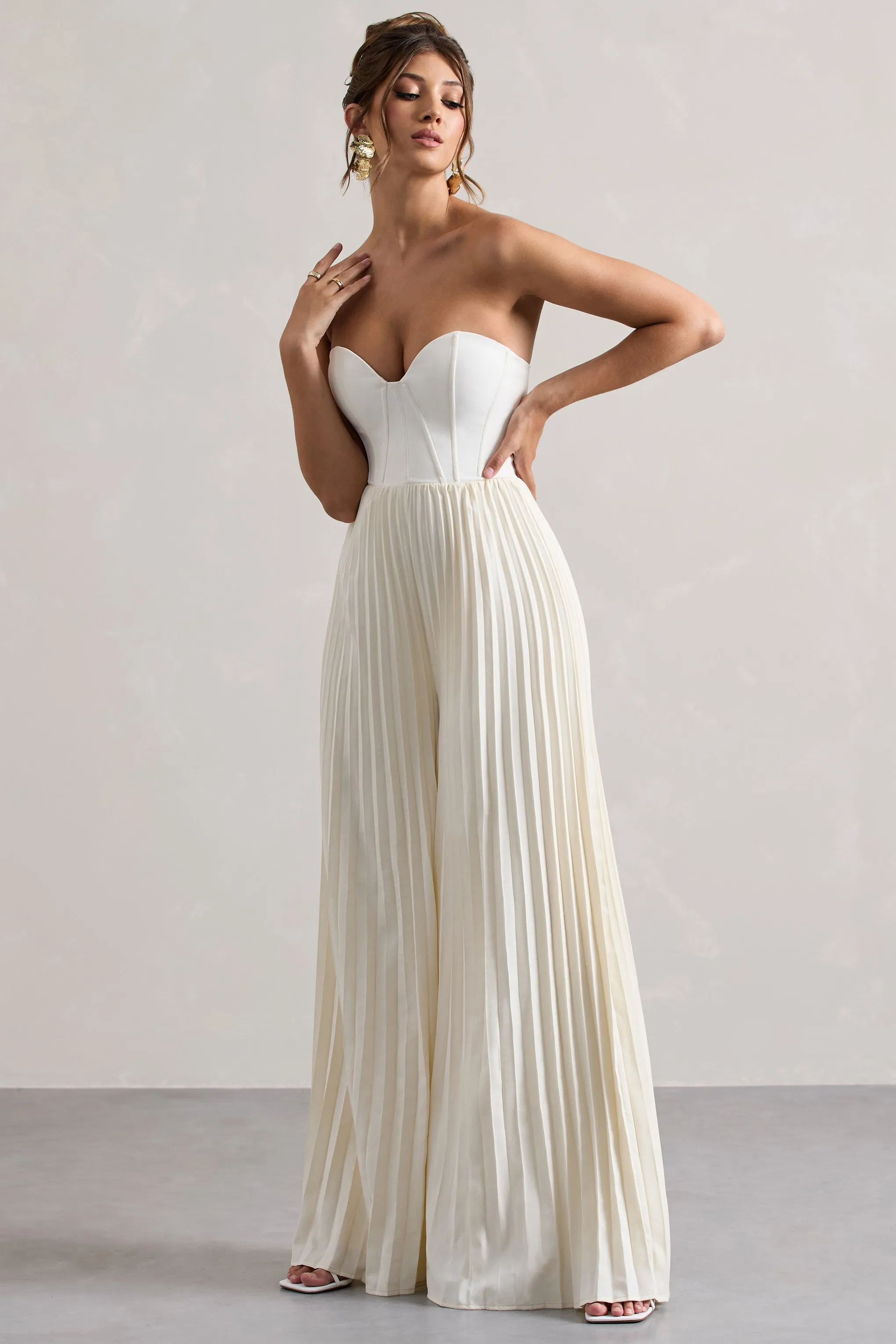 Lorelai | Cream Corset Plisse Wide-Leg Jumpsuit