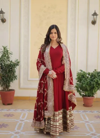 Maroon Faux Blooming Embroidery Zari Sequence Flair Gown Dupatta Set