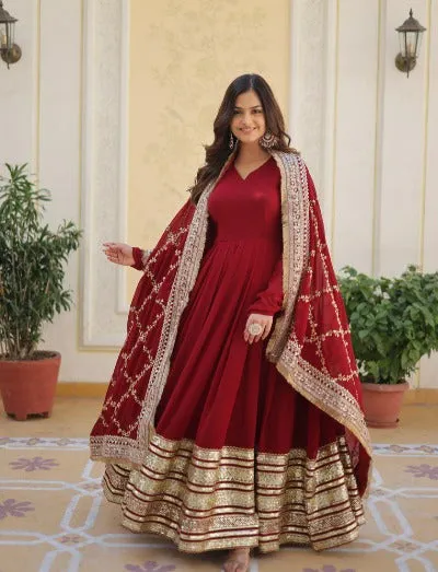 Maroon Faux Blooming Embroidery Zari Sequence Flair Gown Dupatta Set