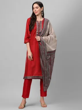 Maroon Texture Printed Kurta Trouser Dupatta