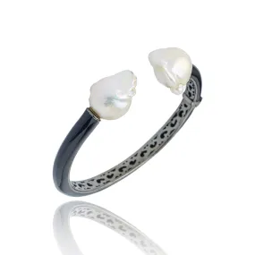 MCL Design Sterling Silver Cuff Bracelet with Black Enamel & White Pearl