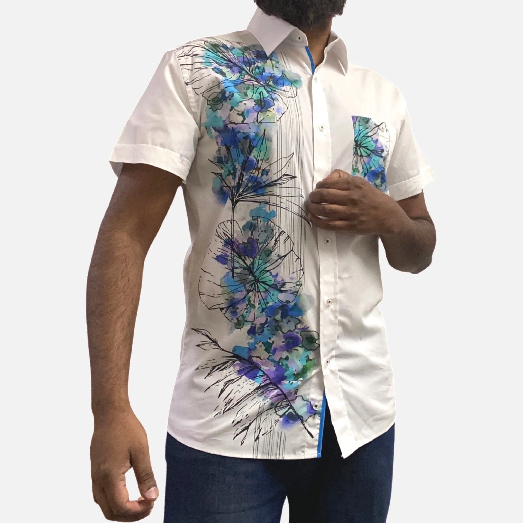 Men's White and Blue Short Sleeve Cotton Button-Up Casual Shirt