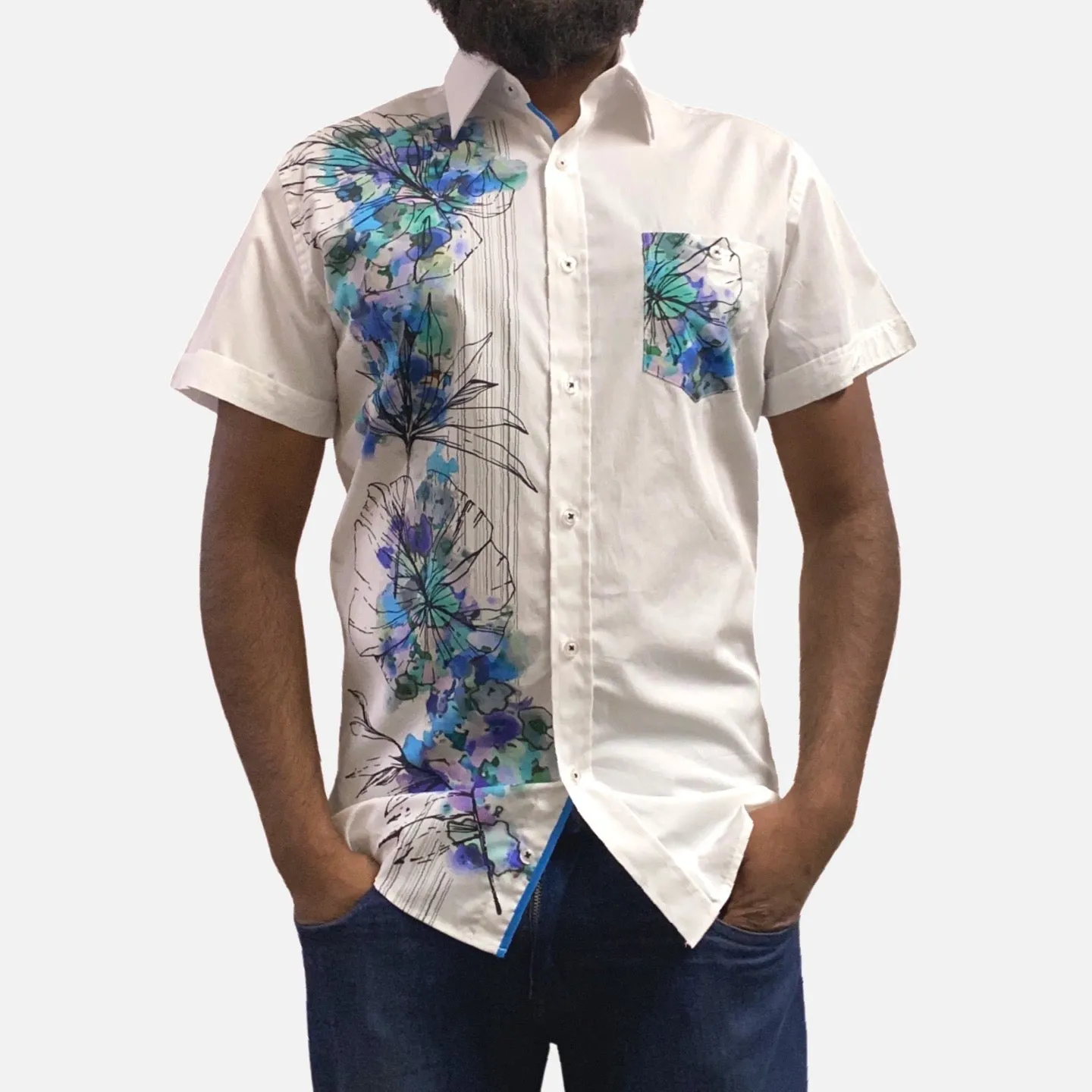 Men's White and Blue Short Sleeve Cotton Button-Up Casual Shirt