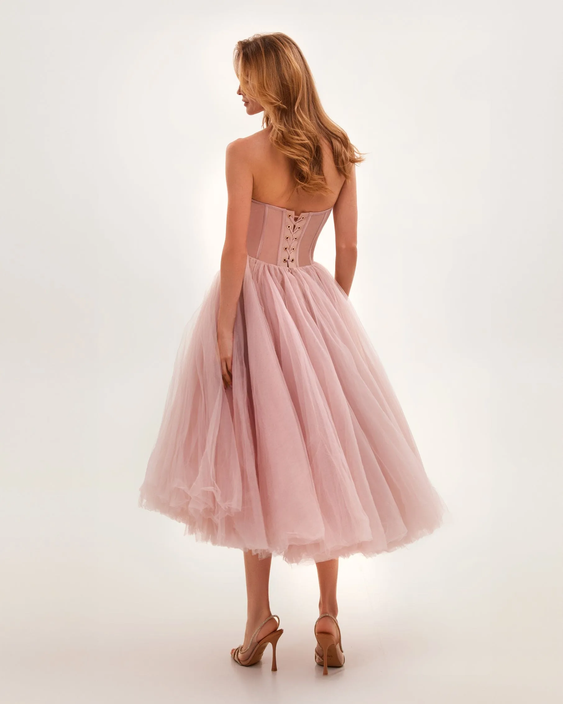 Misty Rose Strapless Puffy Midi Tulle Dress