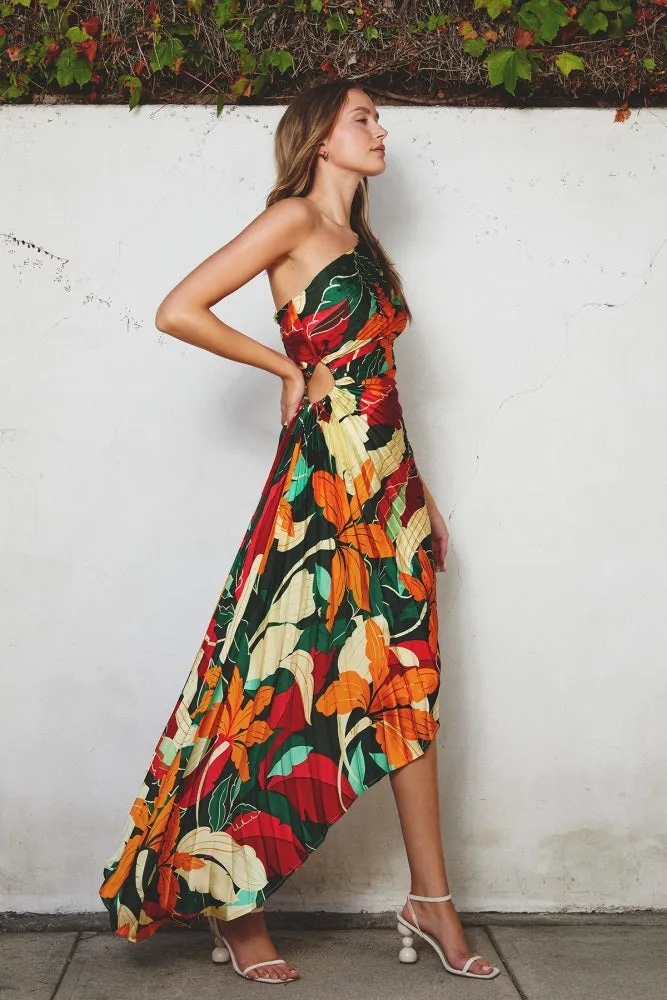 Multi-Color Floral Pleated Satin One Shoulder Asymmetrical Midi Dress