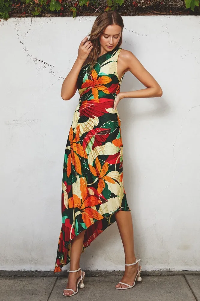 Multi-Color Floral Pleated Satin One Shoulder Asymmetrical Midi Dress