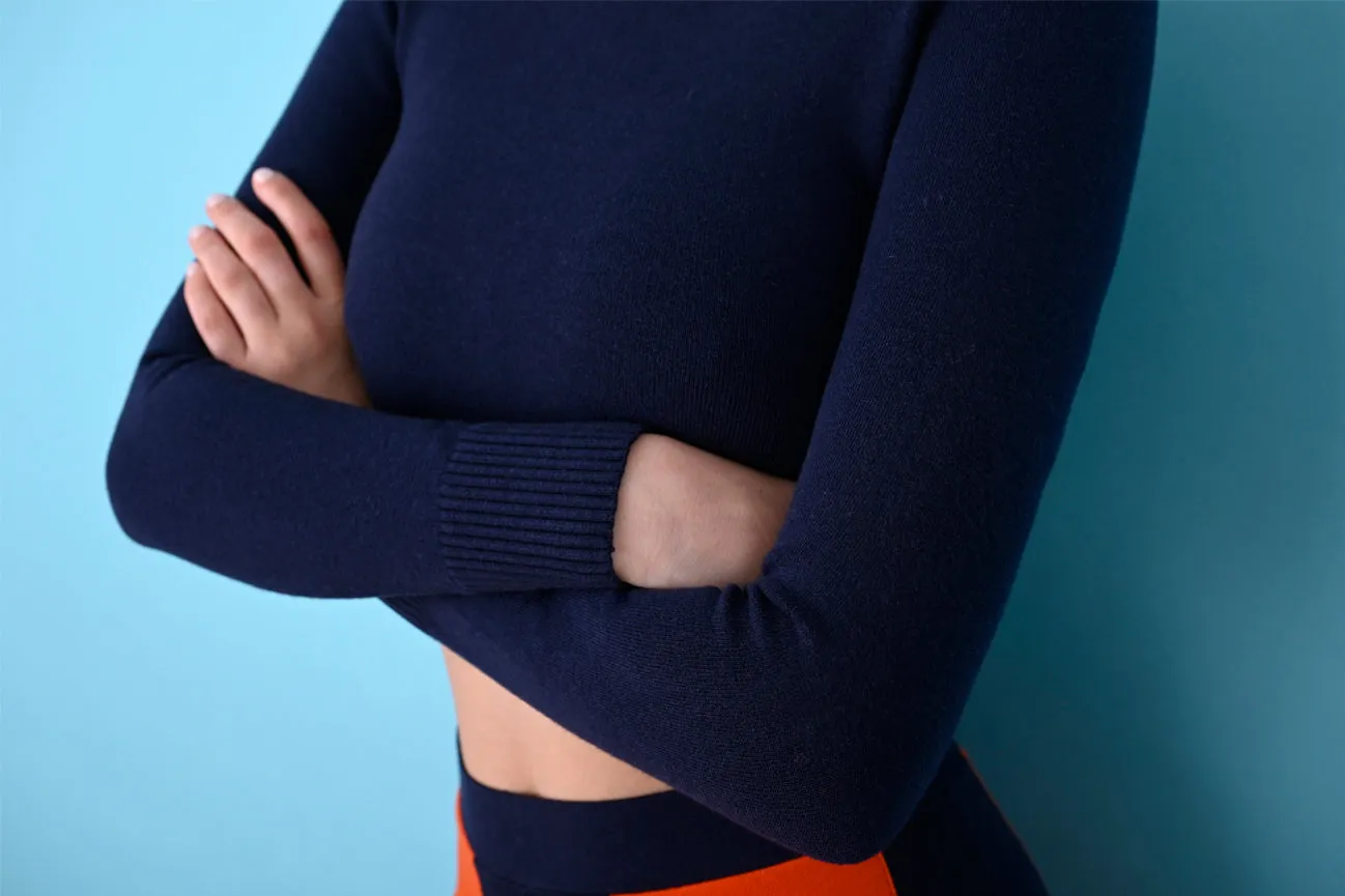 Navy Blue Gloss Long Sleeve Crop Crew