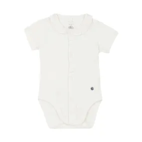 Petit Bateau Baby Girl Short Sleeve Bodysuit with Snaps and Ruffle Collar - White