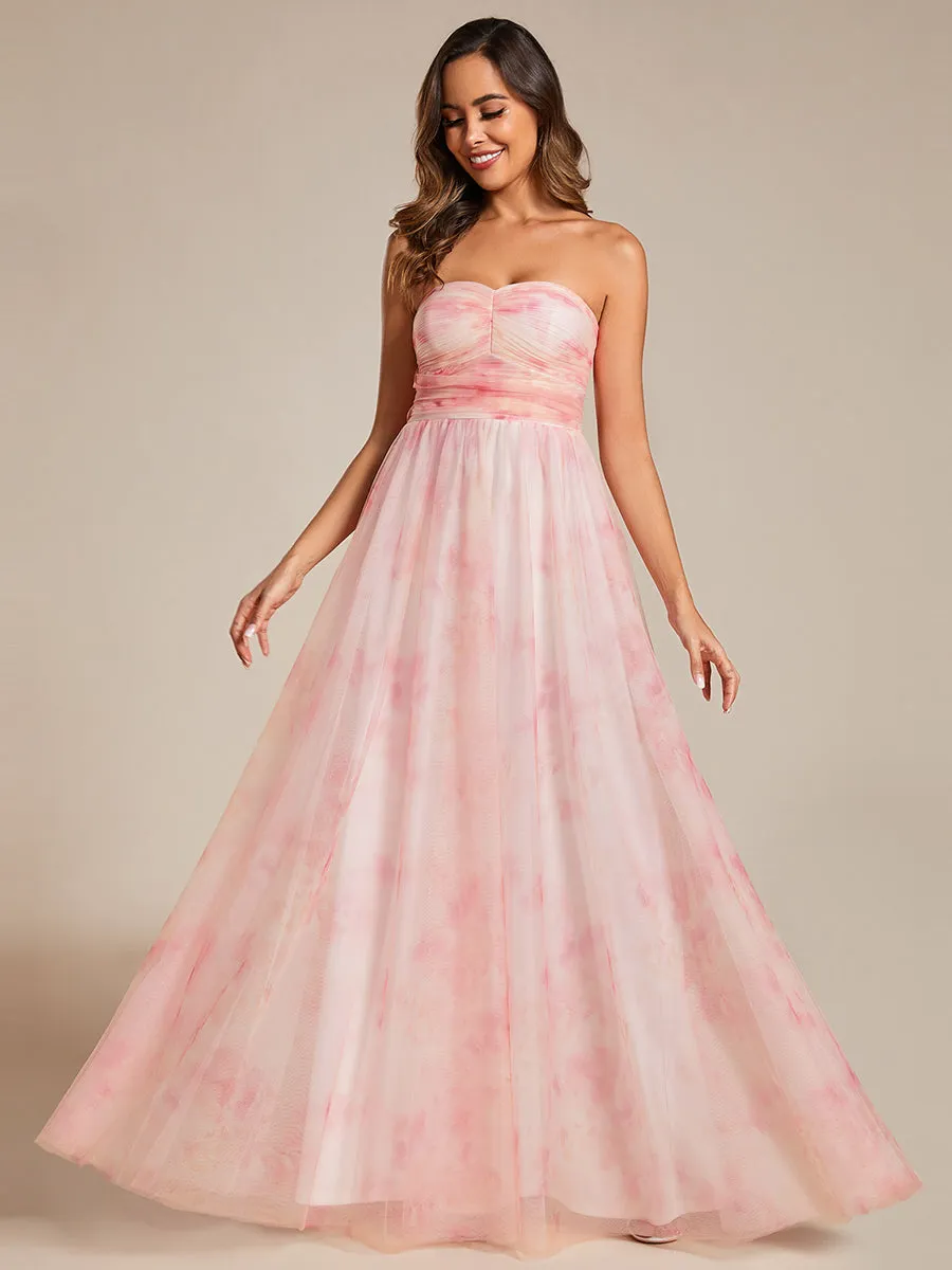 Printed Bowknot Empire Waist Strapless Formal Evening Dress