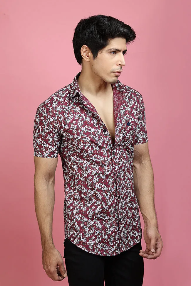 Printed Half Sleeve Shirt - Men Casual Maroon Printed Shirt