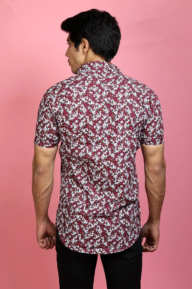 Printed Half Sleeve Shirt - Men Casual Maroon Printed Shirt