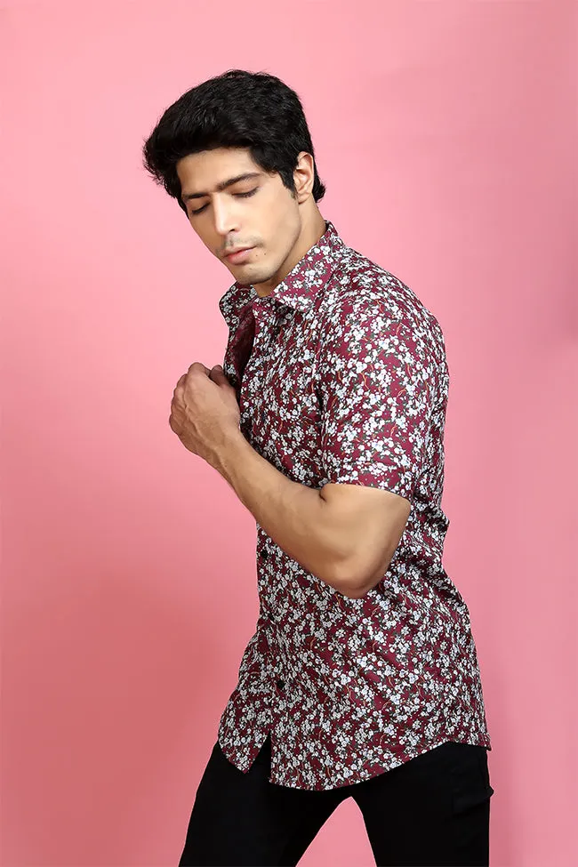 Printed Half Sleeve Shirt - Men Casual Maroon Printed Shirt