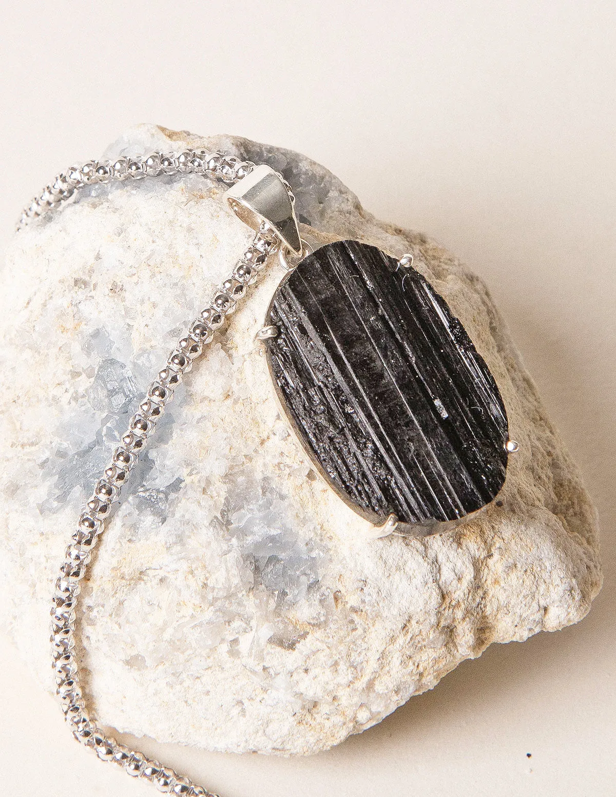 Raw Black Tourmaline Silver Necklace