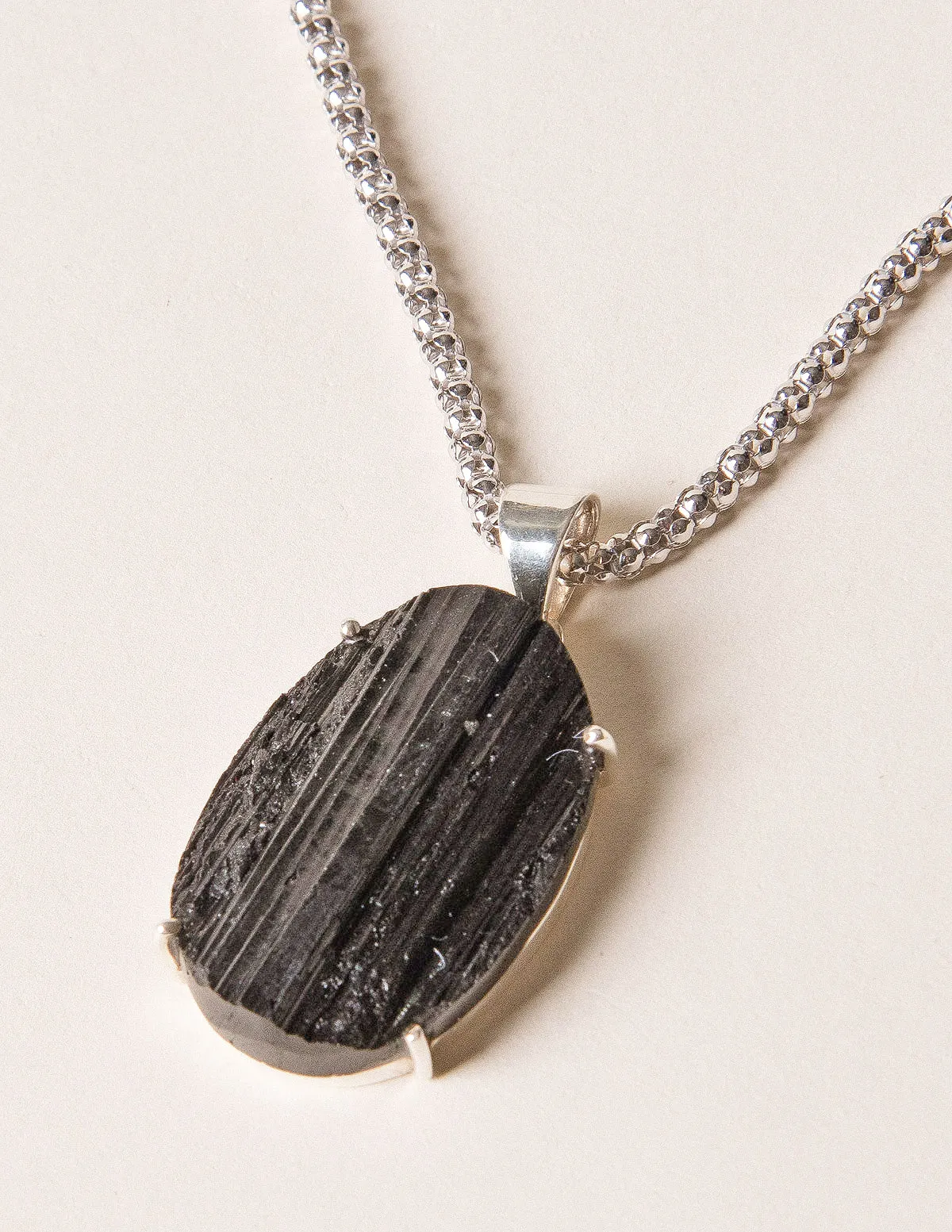 Raw Black Tourmaline Silver Necklace