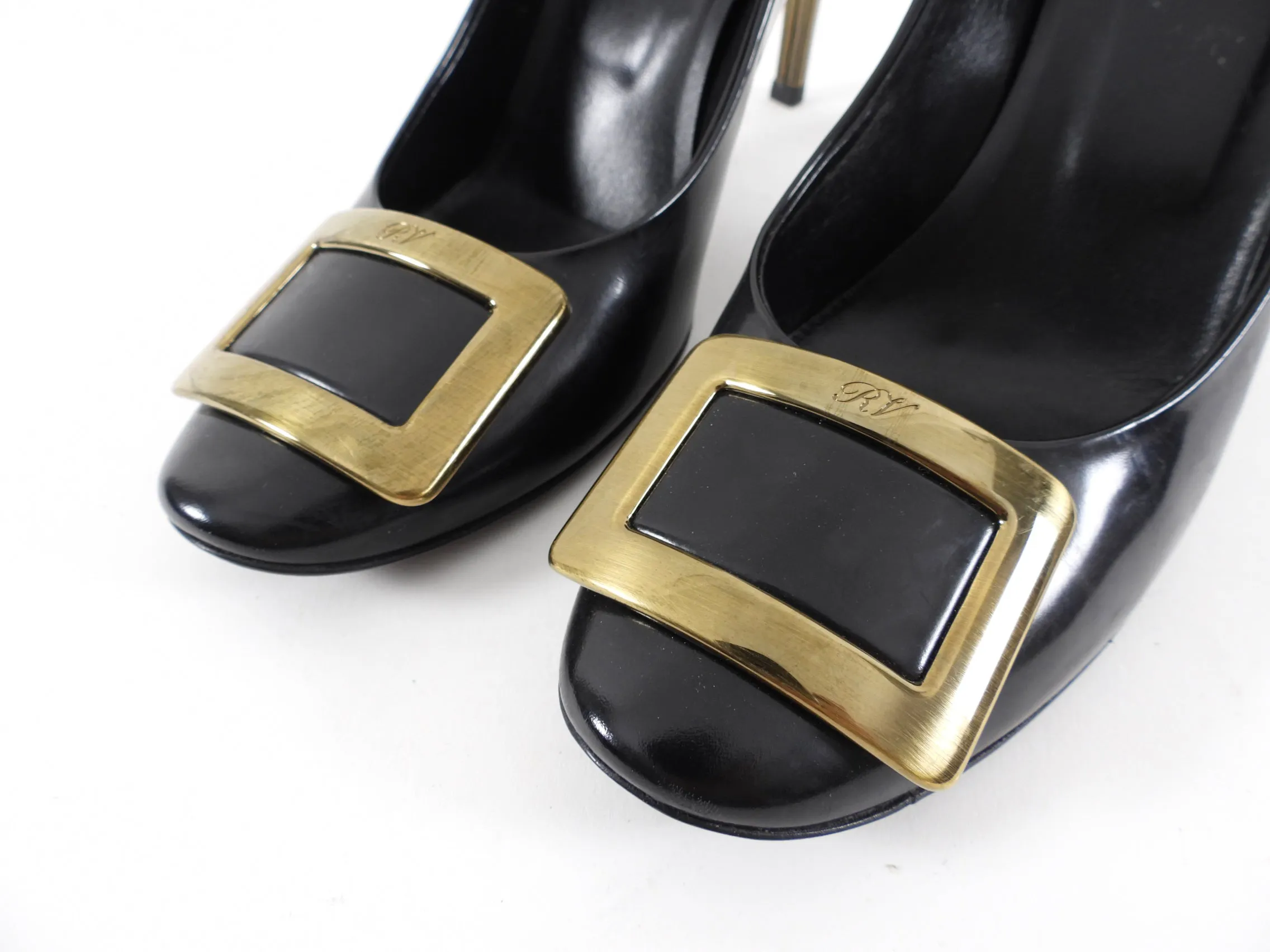 Roger Vivier Black Leather Antiqued Bronze Pumps - 38.5