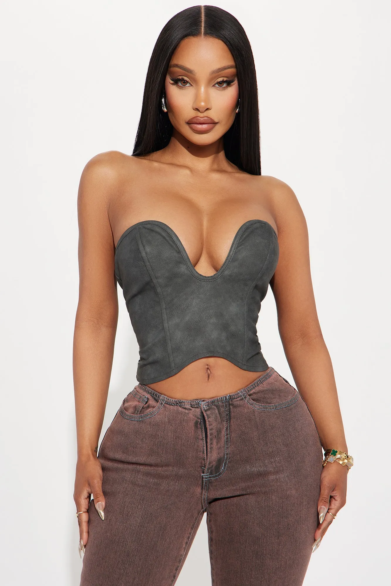 Rough Rider Washed Faux Leather Corset Top - Charcoal