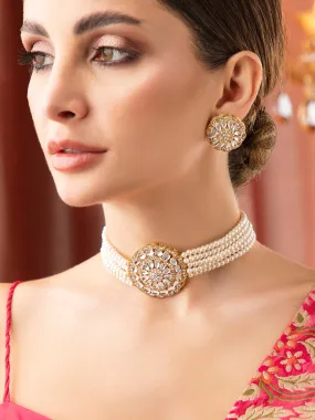 Rubans Gold Plated Elegant Kundan Choker Set With White Beads.