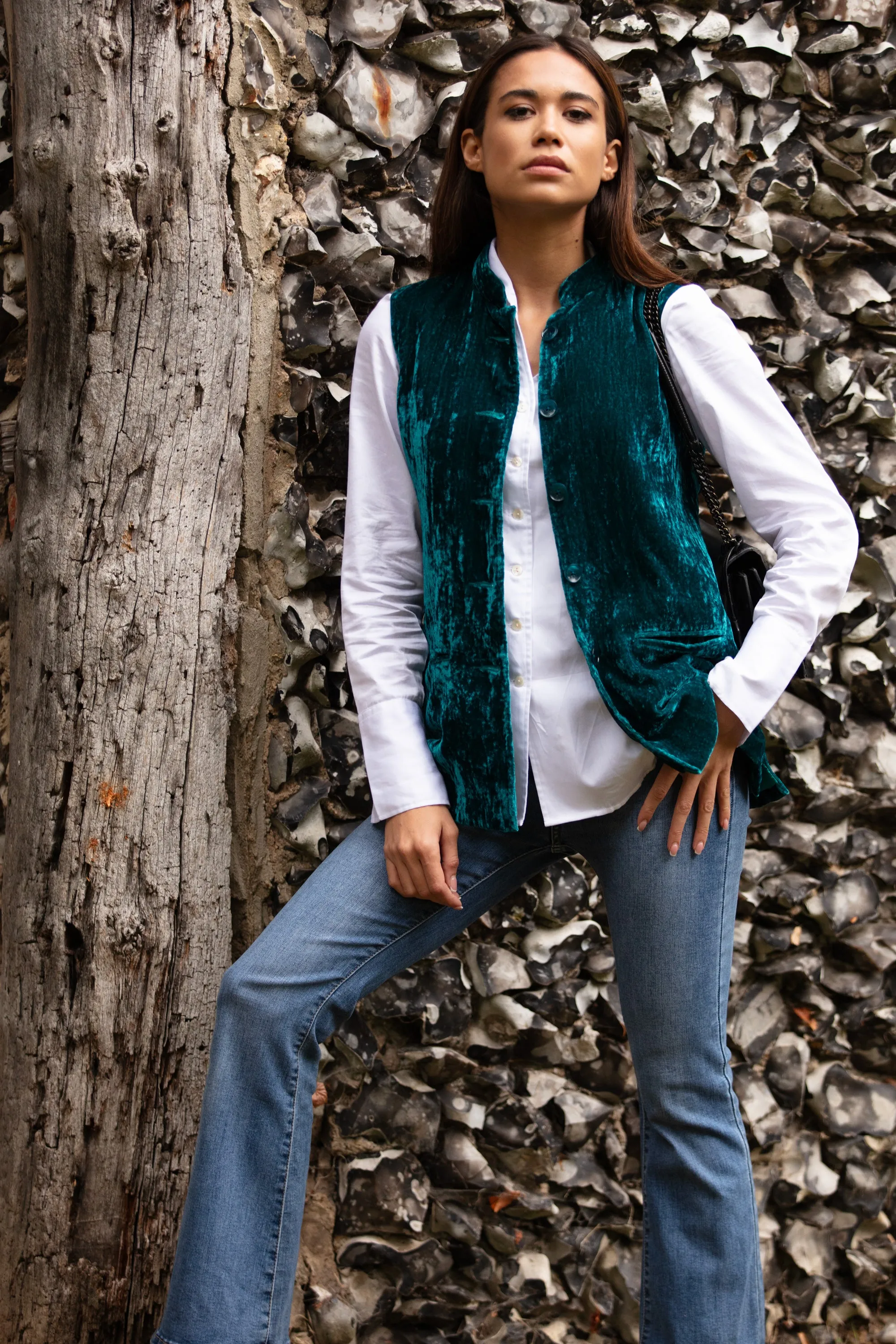 Short Silk Velvet Waistcoat In Kingfisher Blue