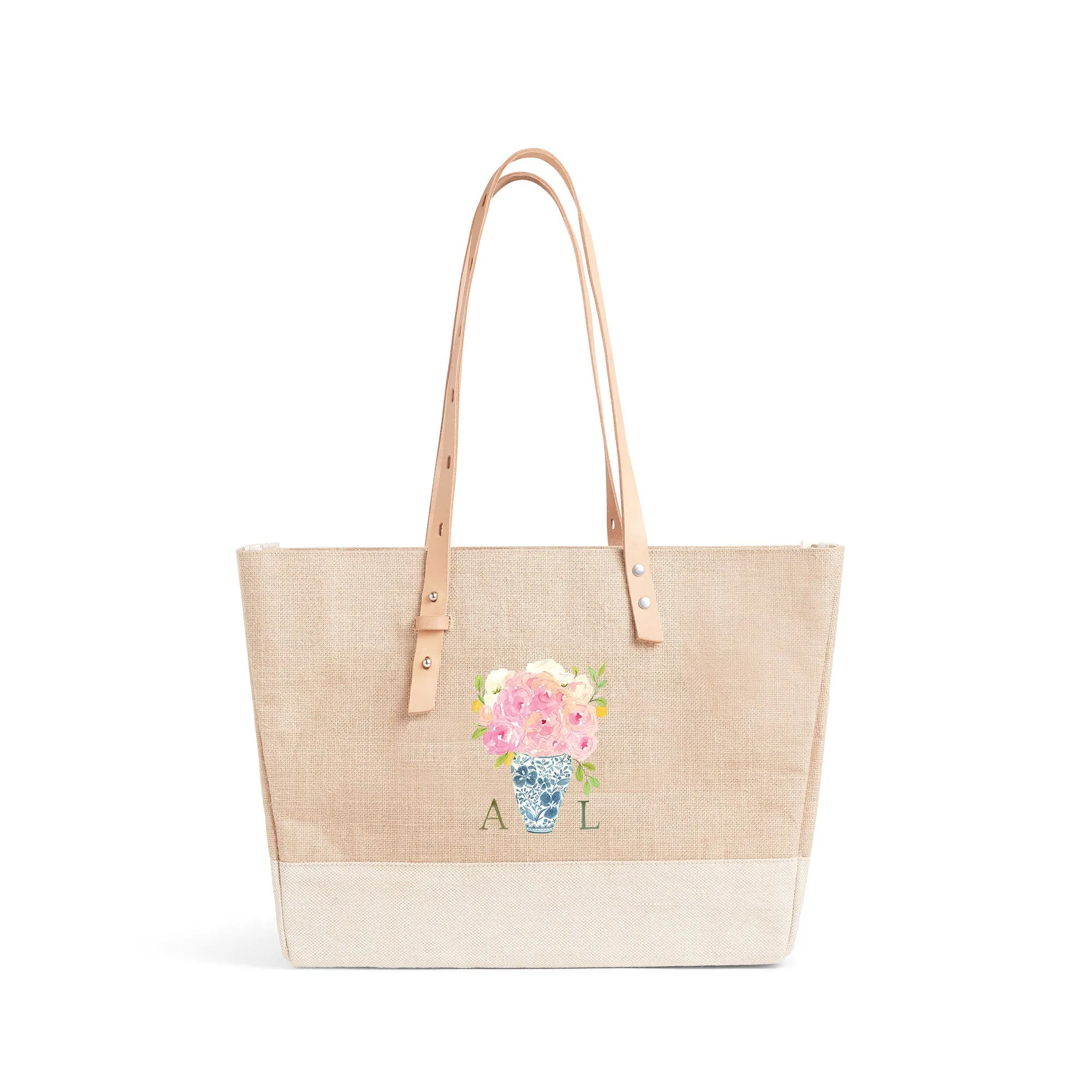 Shoulder Market Bag in Natural Bouquet with Porcelain Vase by Amy Logsdon