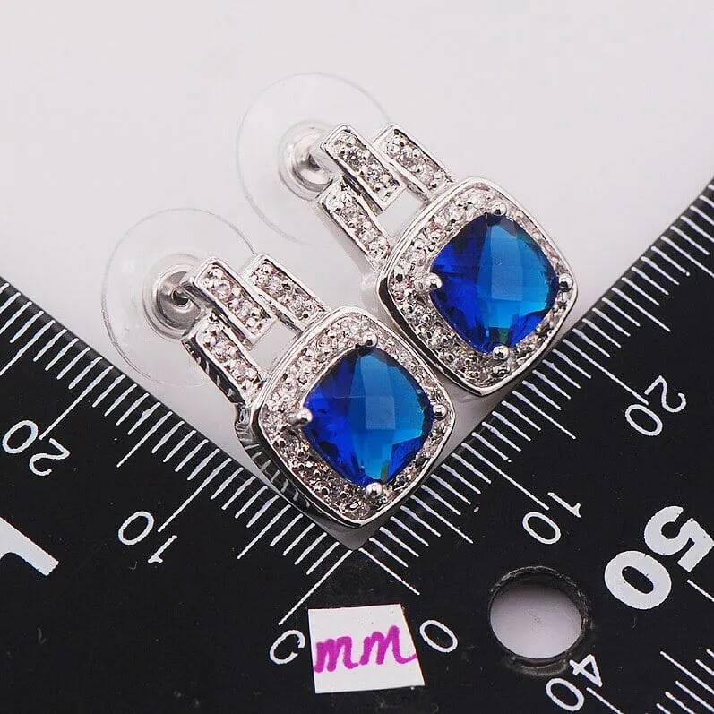 Square Elegant Blue CZ Sapphire Earrings - 925 Sterling Silver