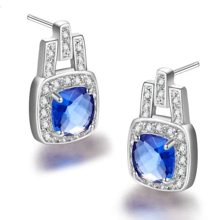 Square Elegant Blue CZ Sapphire Earrings - 925 Sterling Silver