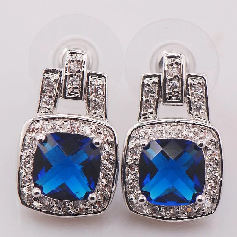 Square Elegant Blue CZ Sapphire Earrings - 925 Sterling Silver