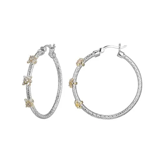 SS Two-Tone CZ Flower Station Hoop Earrings