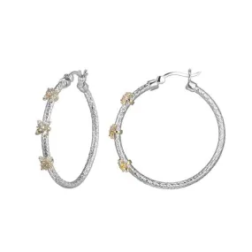 SS Two-Tone CZ Flower Station Hoop Earrings