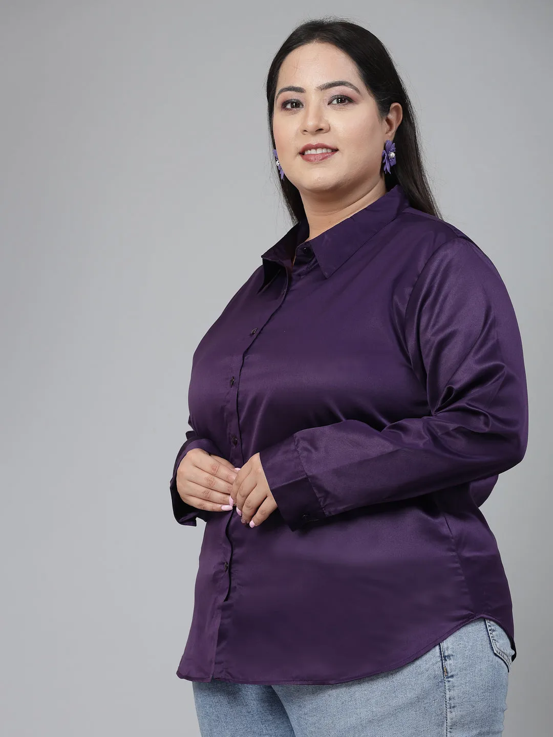 Style Quotient Plus Women solid wine satin formal shirt