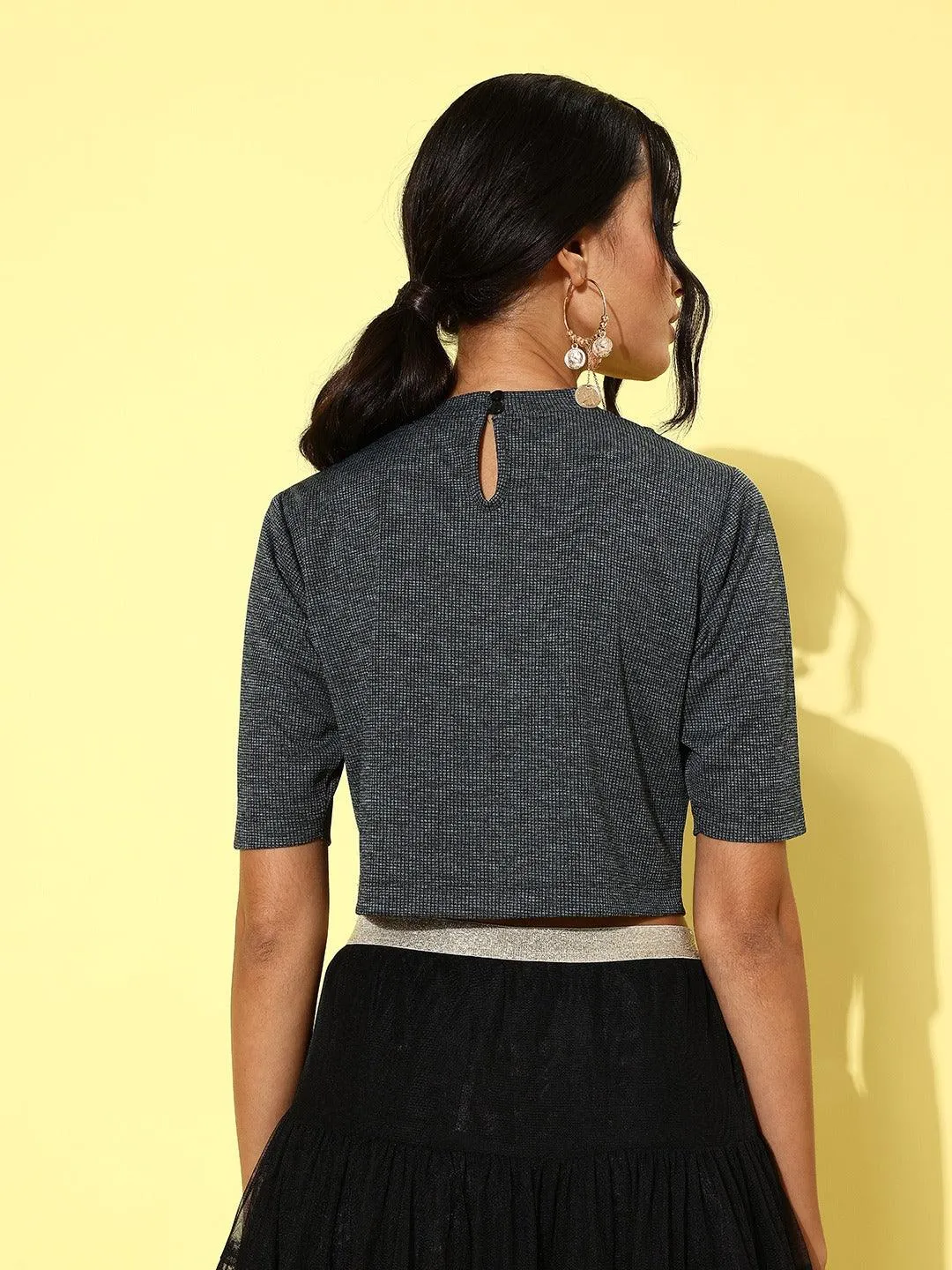 Style Quotient Women Charcoal Grey Solid Cut-Out Detail Crop Top