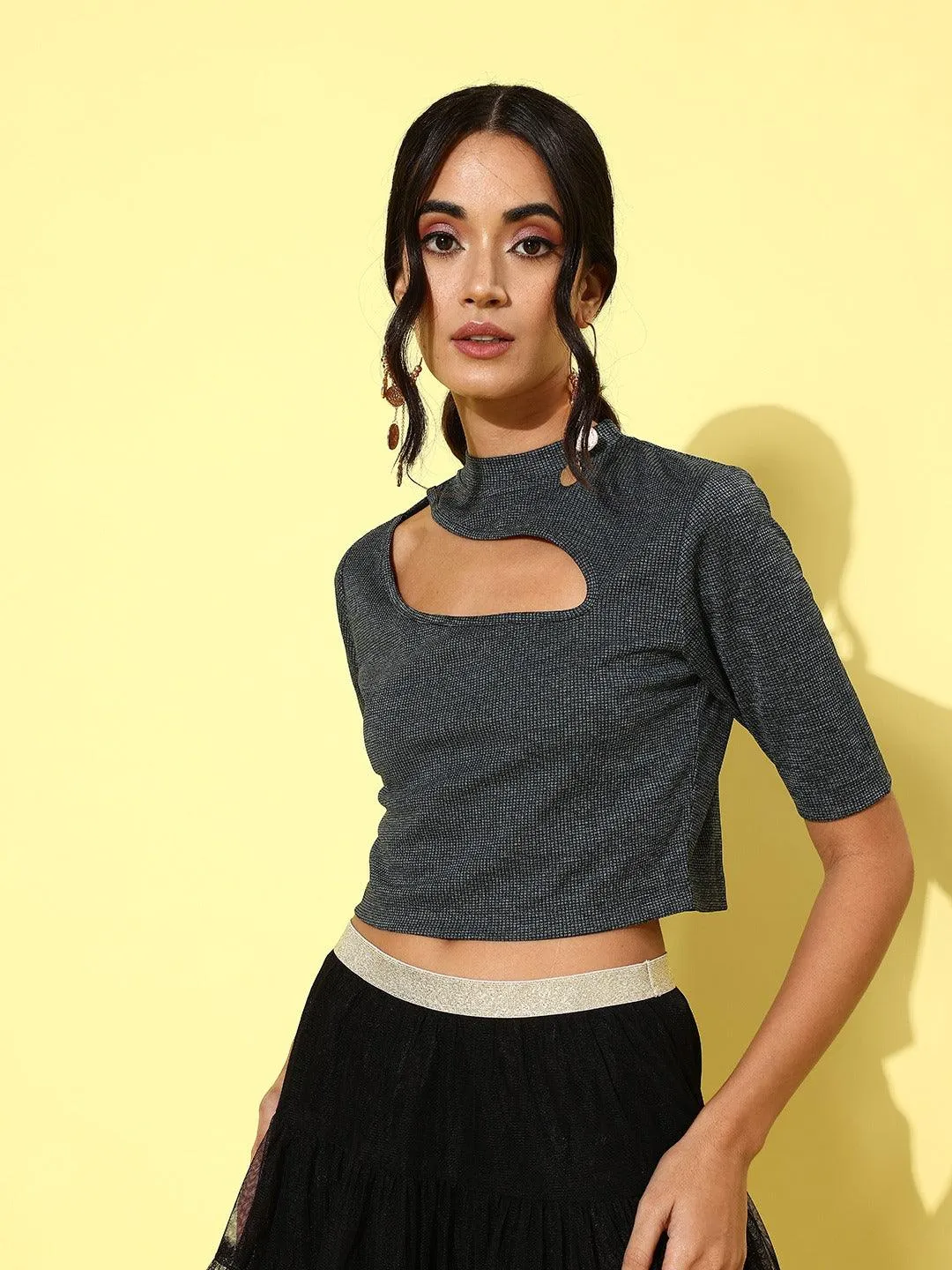 Style Quotient Women Charcoal Grey Solid Cut-Out Detail Crop Top