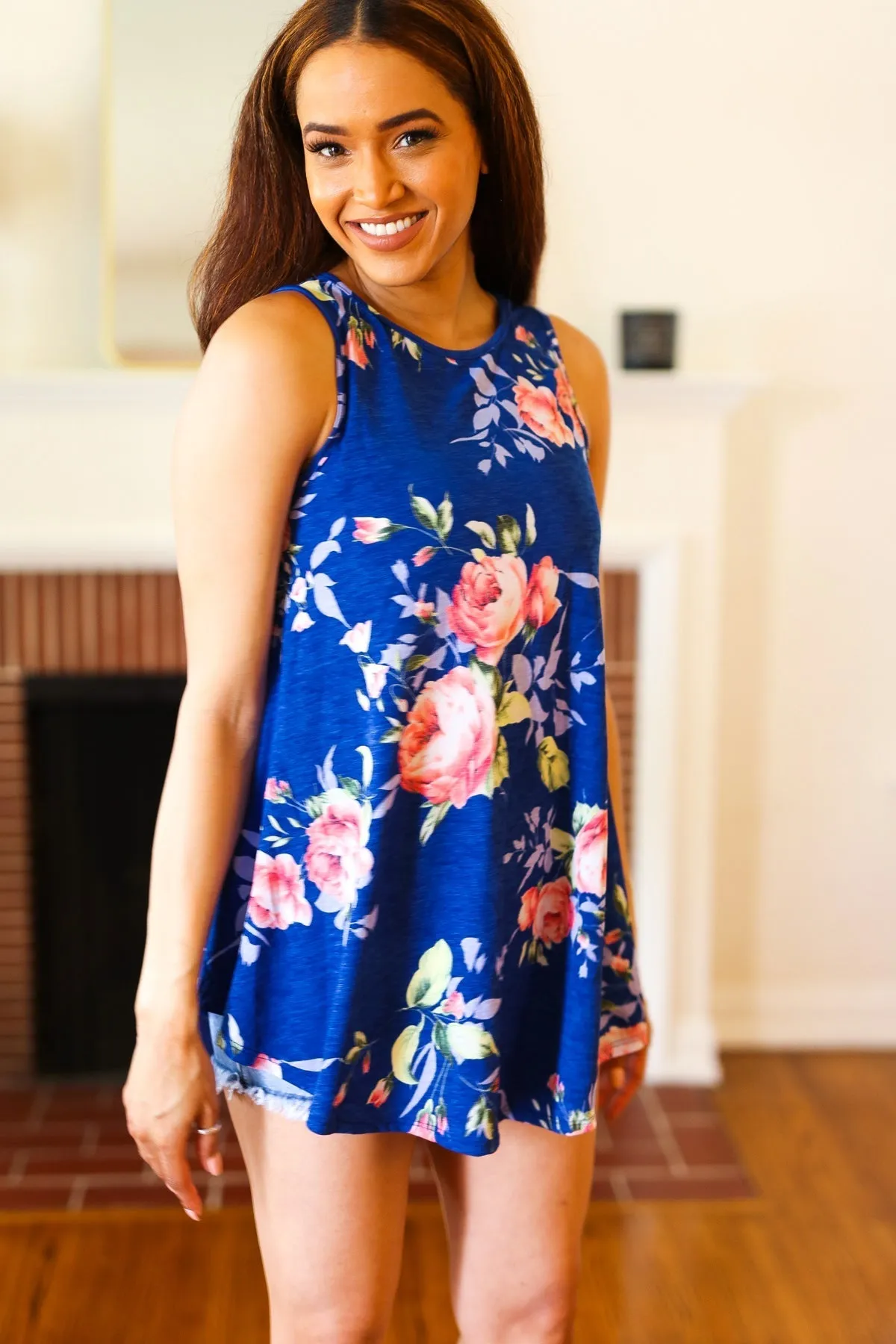 Sunny Days Navy Blue Floral Print Sleeveless Top (Shipping in 1-2 Weeks)