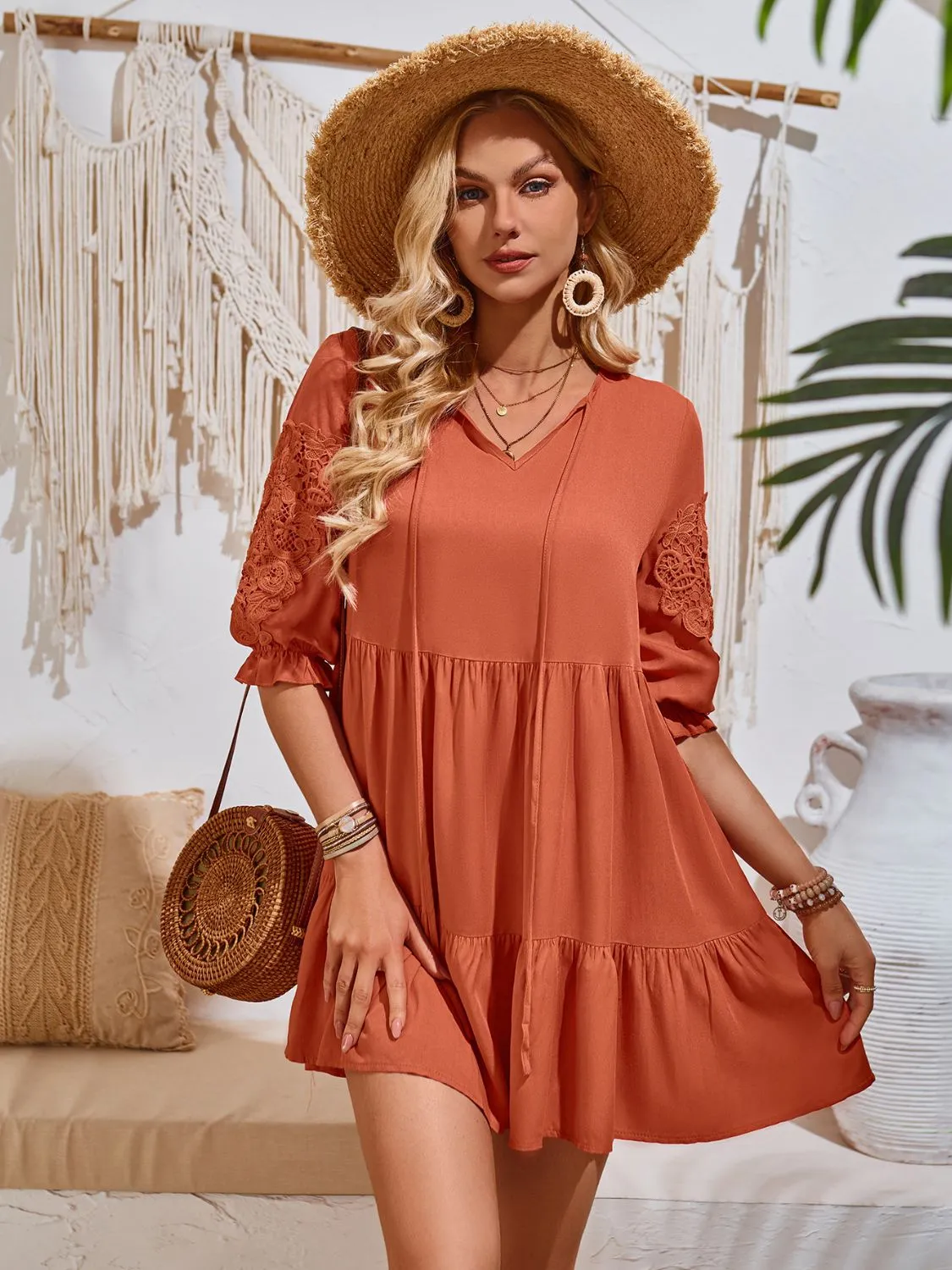 Sunset Vacation Lace Detail Tie Neck Half Sleeve Mini Dress