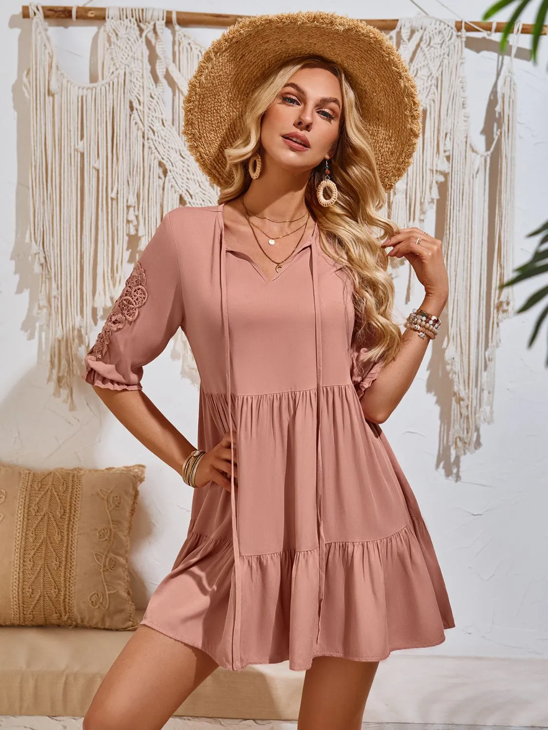 Sunset Vacation Lace Detail Tie Neck Half Sleeve Mini Dress