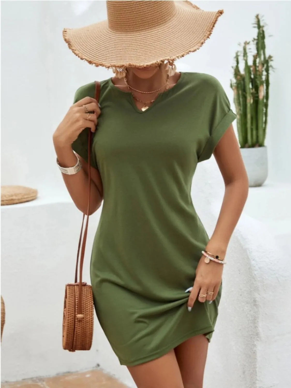 Sunset Vacation Notched Short Sleeve Mini Tee Dress