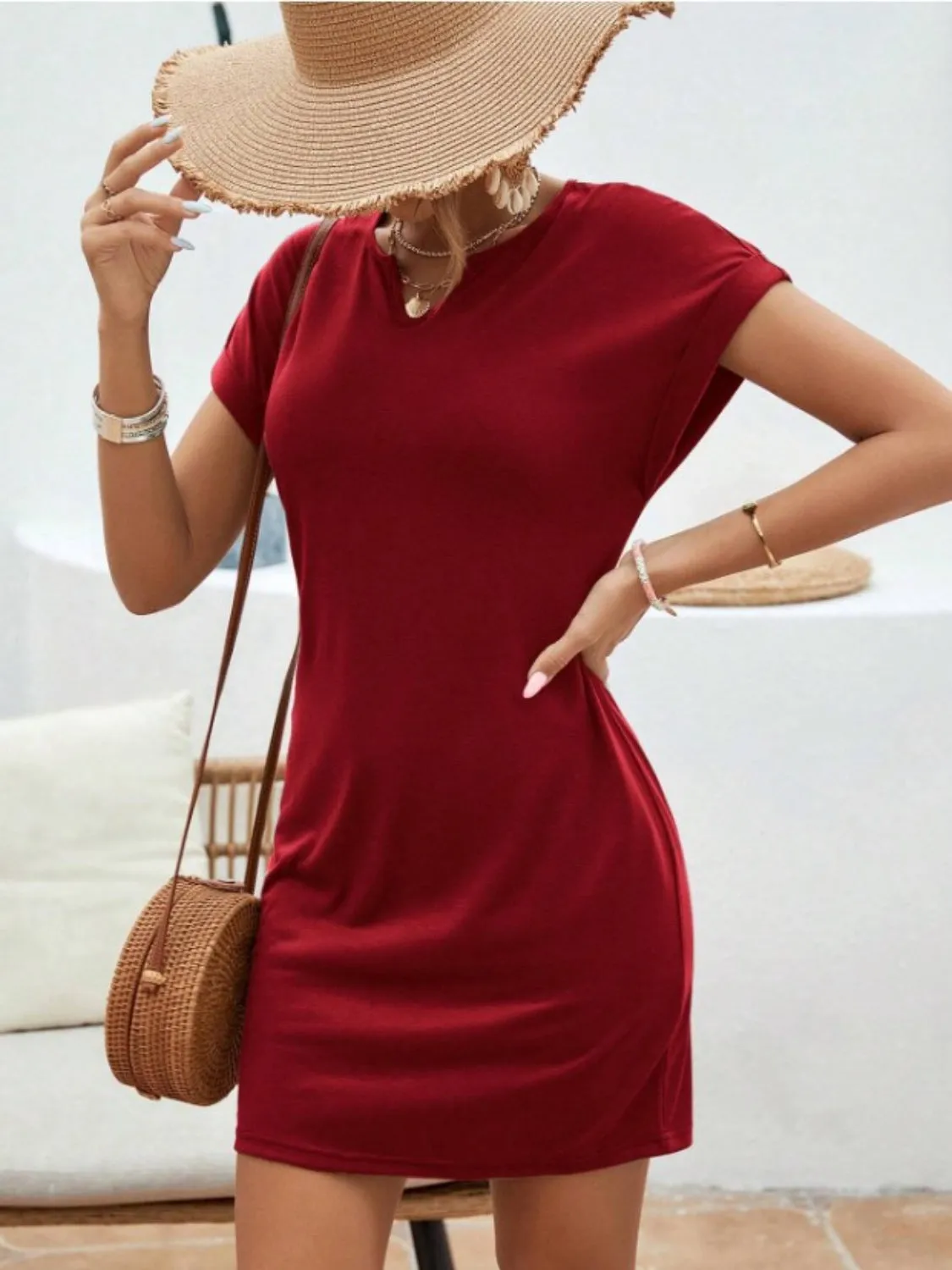 Sunset Vacation Notched Short Sleeve Mini Tee Dress