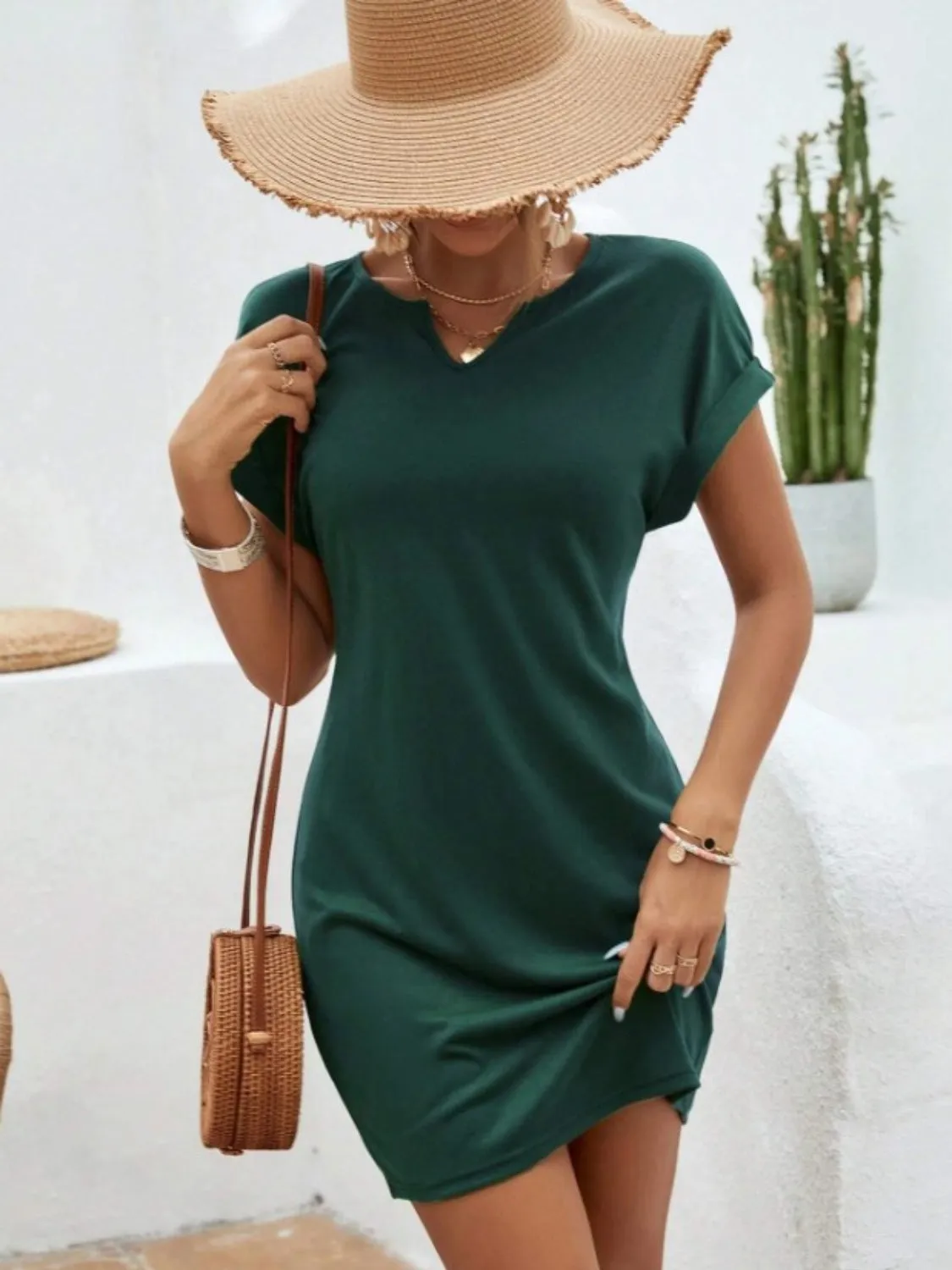 Sunset Vacation Notched Short Sleeve Mini Tee Dress