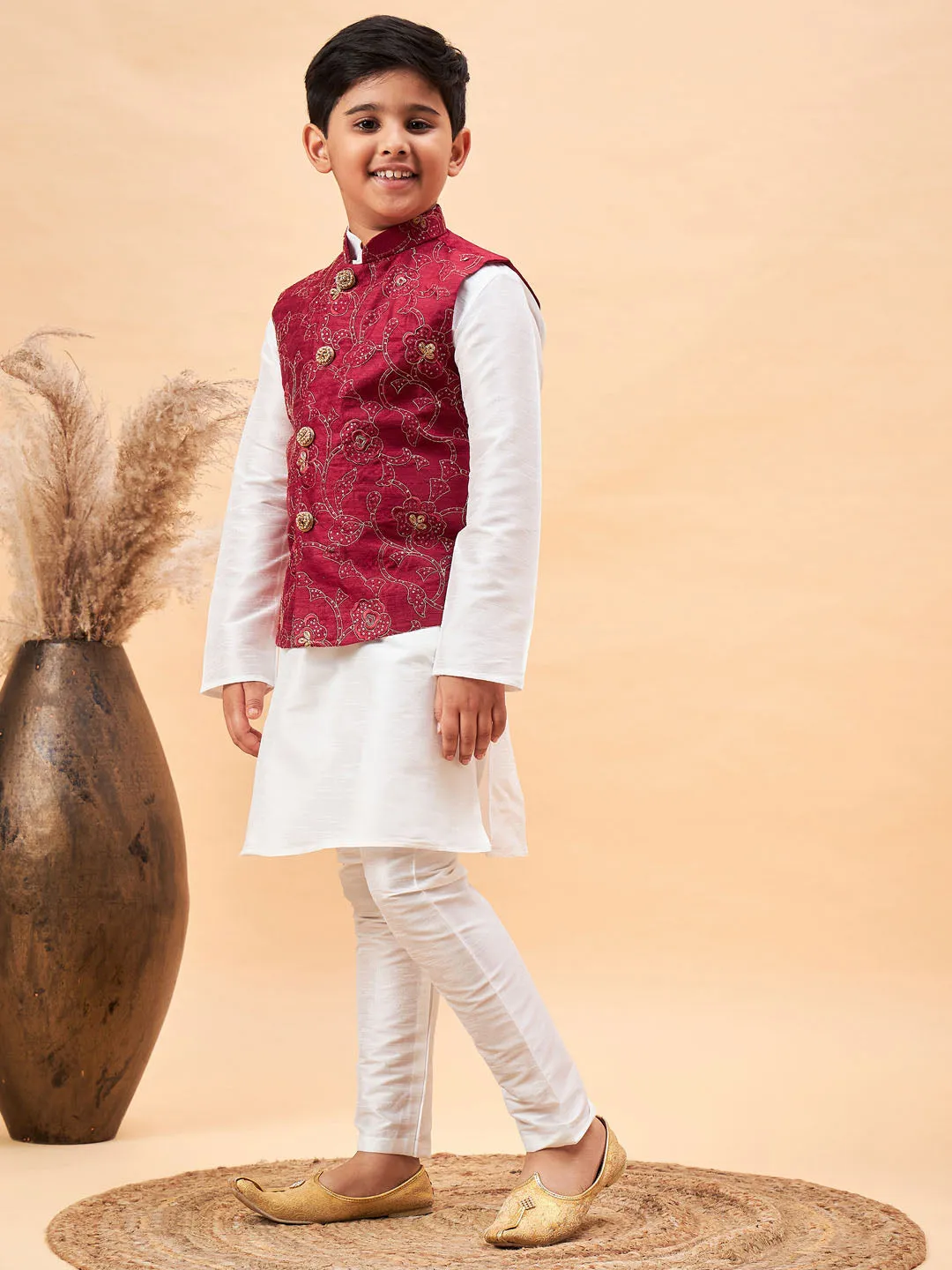 VASTRAMAY Boy's Maroon Nehru Jacket With White Kurta And Pyjama Set