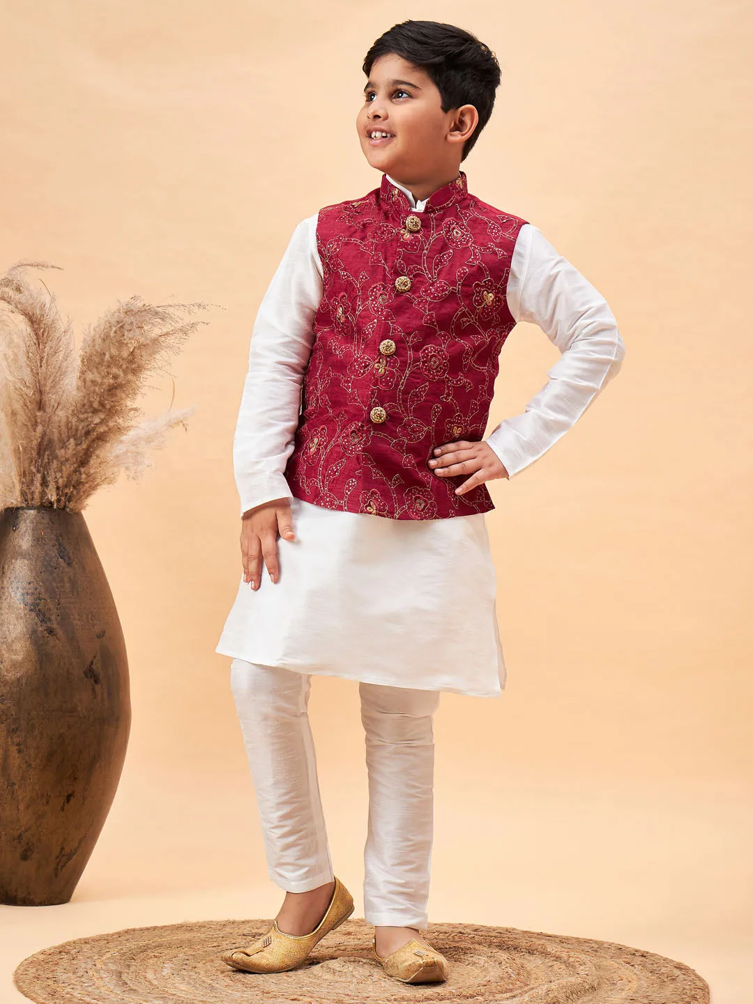 VASTRAMAY Boy's Maroon Nehru Jacket With White Kurta And Pyjama Set