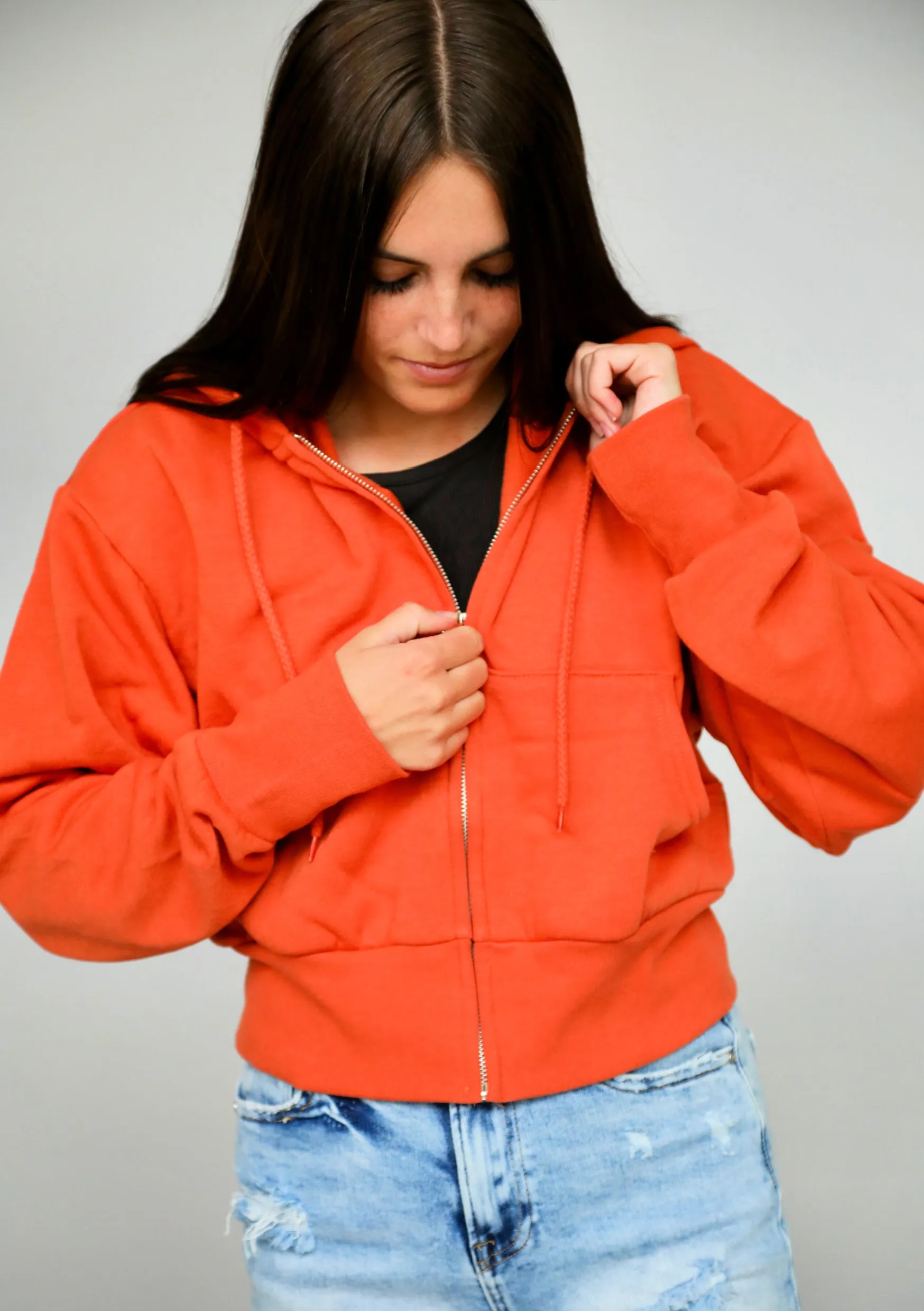 VINTAGE CROP ZIP UP HOODIE (Orange)