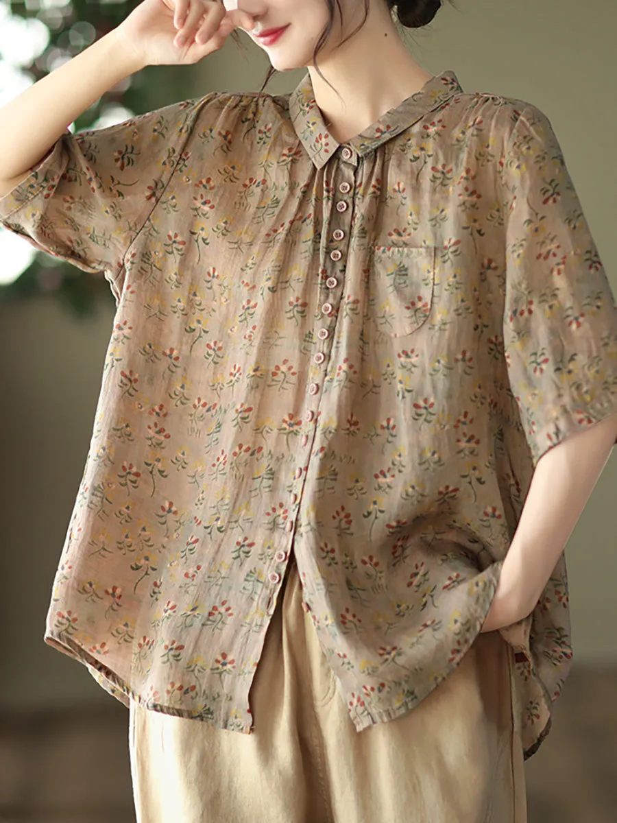 Vintage Floral Ramie Casual Summer Women Shirt