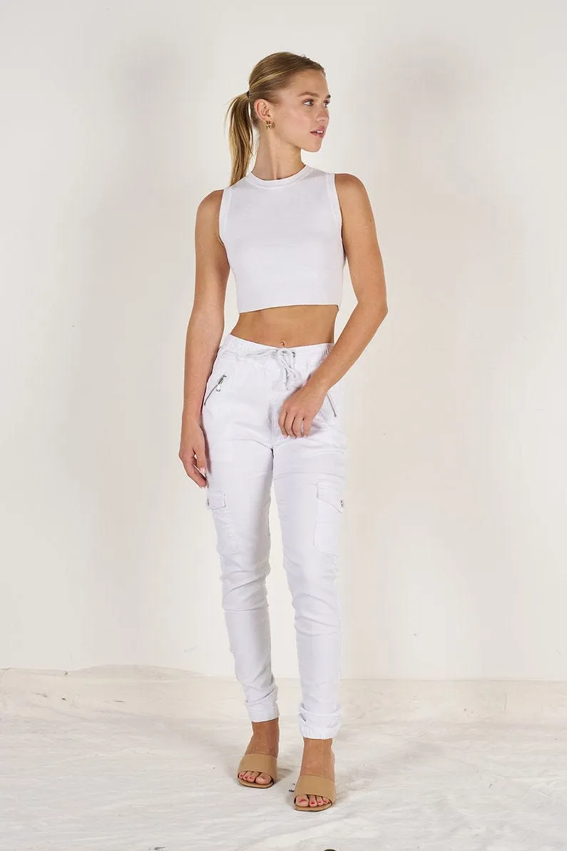 Wakee Denim Ladies Cargo Jogger - White 10086