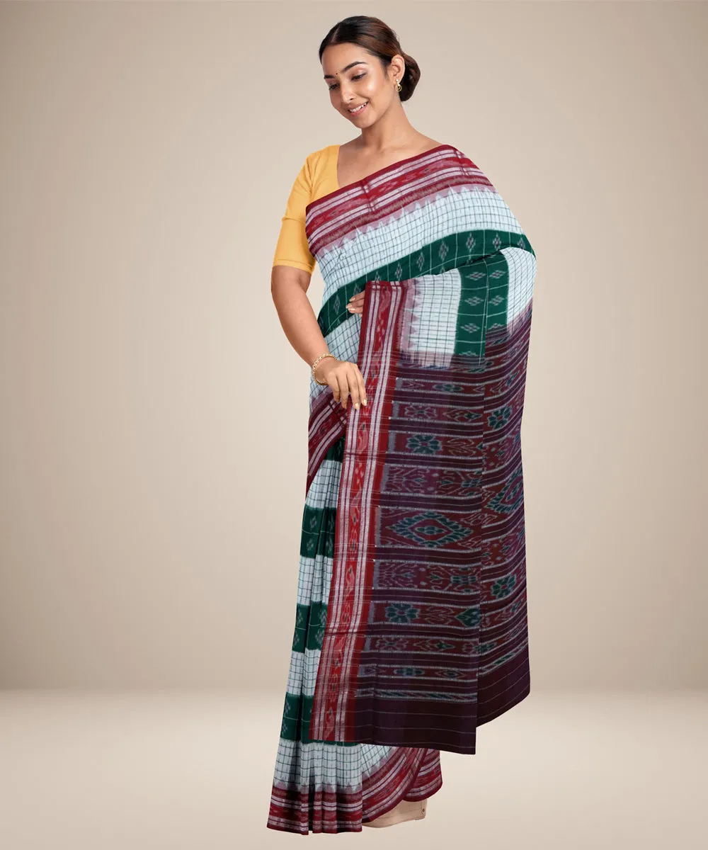 White green maroon cotton handwoven nuapatna saree